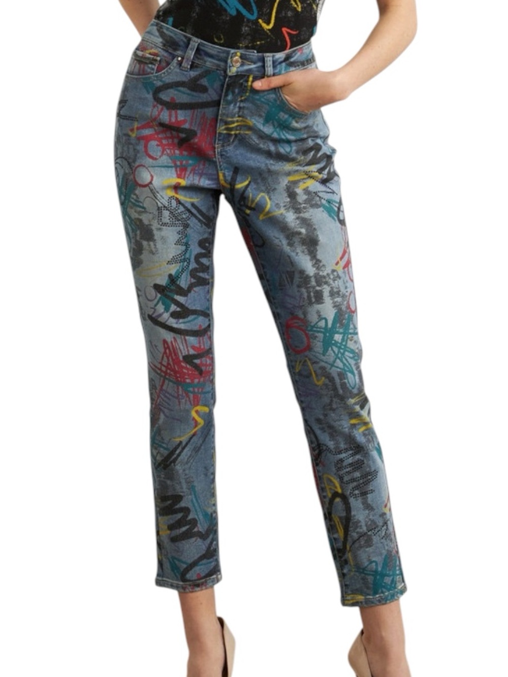 Joseph Ribkoff Graffiti Rhinestone Slim Leg Jeans Size 6